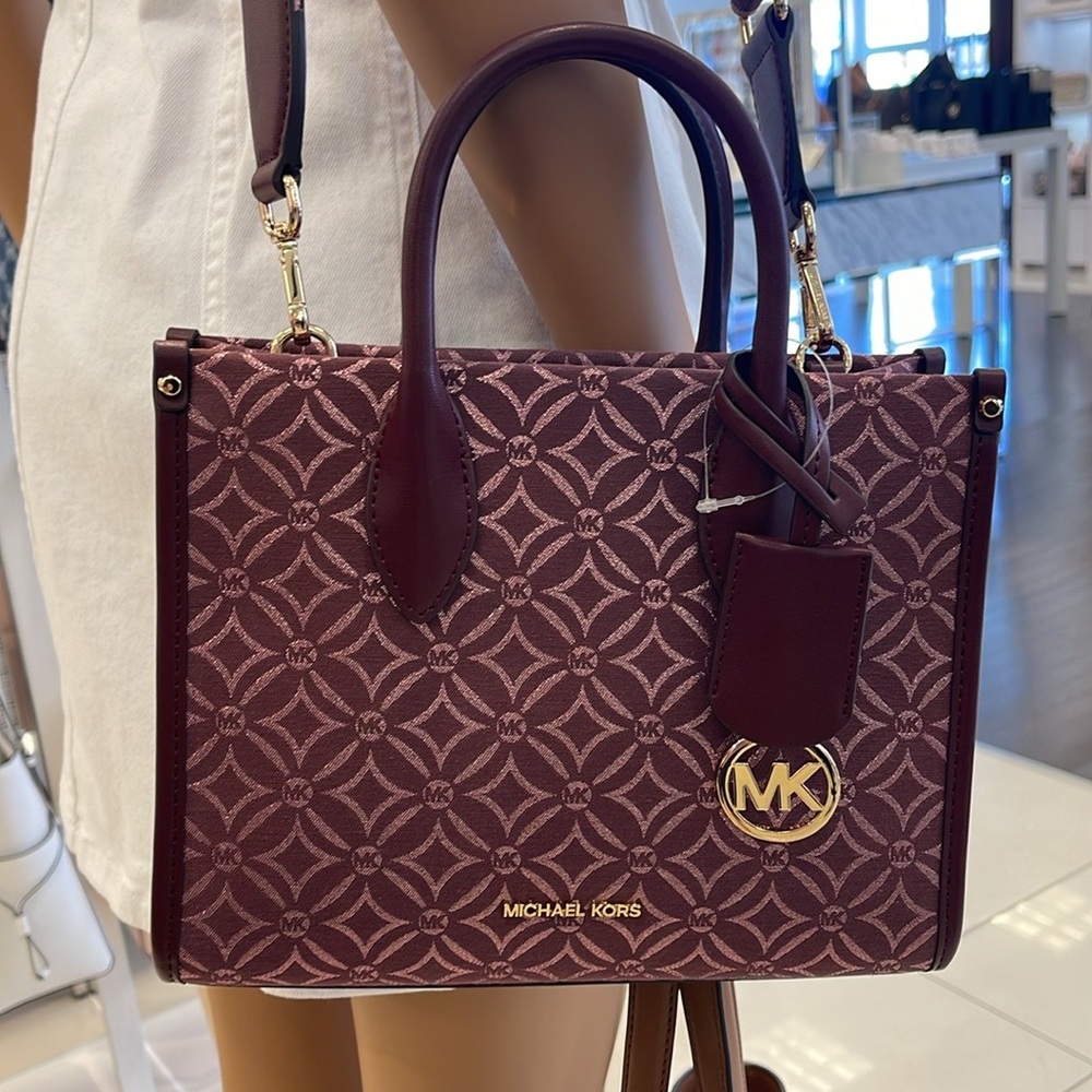 Michael Kors Mirella Small Metallic Logo Jacquard Crossbody Bag Oxblood Multi - Picture 5 of 16
